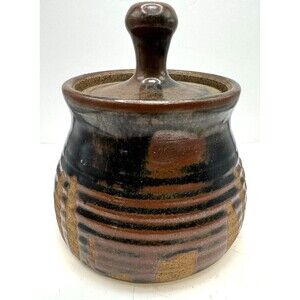 Hand Crafted Art Studio Pottery Drip Lidded Jar Signed Vintage Stoneware